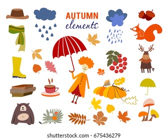 set of cartoon characters and autumn elements