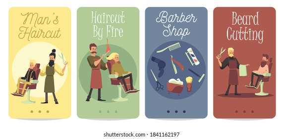 Set of cartoon characters of barbers with tools and clients sitting in chair. Shaving, haircut, hygiene and hair care for men in barbershop salon. Flat cartoon vector illustrations