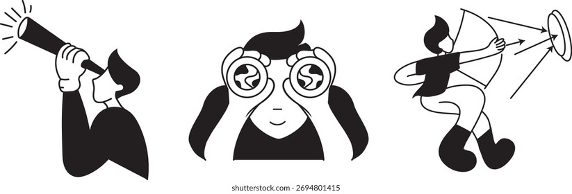 Set of cartoon characters. Black and white vector illustration isolated on white background.