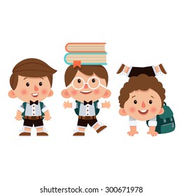 Set of cartoon characters, boys with different hairstyles and uniforms. School children. Back to school. Cute schoolchild. School children laughing, funny kids go to school. Cartoon characters