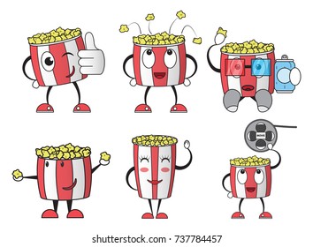 set of cartoon characters, buckets with popcorn,vector image, flat design, colorful sticker, funny icons,large, small and medium sizes
