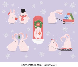 Set of cartoon characters. Bunnies christmas celebration.