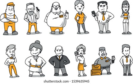 Set of cartoon characters in business attire doing their jobs in different professions