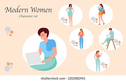 Set of cartoon characters of business and fashion women. Flat vector illustration. The concept of shopping, work and education online.
