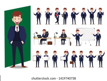 Set of cartoon characters of a businessman in smart suit on white background in various poses vector
