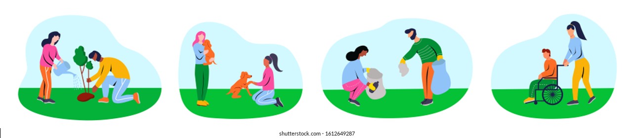 A set of cartoon characters by volunteers. Men and women collect garbage, plant trees, help homeless dogs, walk with the disabled. Flat vector illustration.