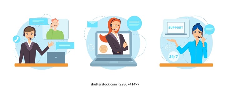 Conjunto de personajes de dibujos animados de los operadores de call center ayudando a la gente en línea. Personal del departamento de atención al cliente. Asesores de operadores de línea directa. Comunicación de servicio al cliente. Vector