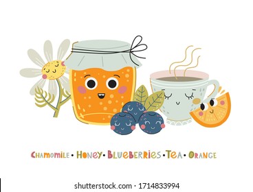 Set of cartoon characters of chamomile, honey, blueberry, tea, orange. Vector illustration. Flat style. Excellent for the design of postcards, posters, stickers and so on.