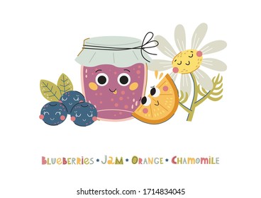 Conjunto de personajes de caricatura de manzanilla, mermelada, arándano, naranja. Ilustración vectorial. Estilo plano. Excelente para el diseño de postales, carteles, pegatinas, etc.