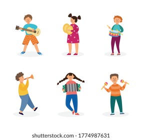 Set of cartoon characters children playing musical instruments, flat vector illustration isolated on white background. Childrens school band or music school characters.