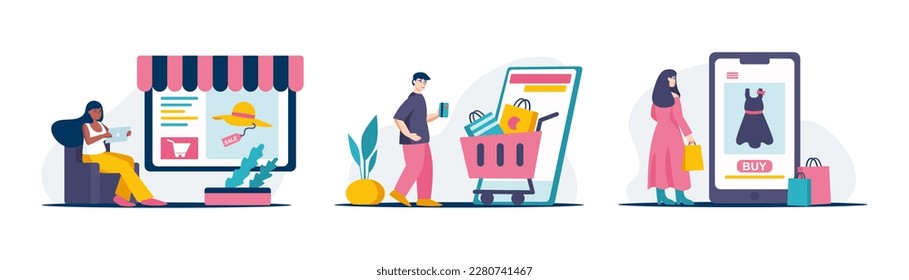 Set of cartoon characters choosing clothes when doing online shopping. Mobile app for making purchases via Internet. Consumer society and commercial business. Vector