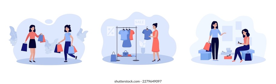 Set of cartoon characters choosing new clothing in store. Young people doing shopping. Making purchases from sale in fashion boutiques. Modern consumerism society. Vector