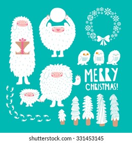  Set of cartoon characters and Christmas graphic elements