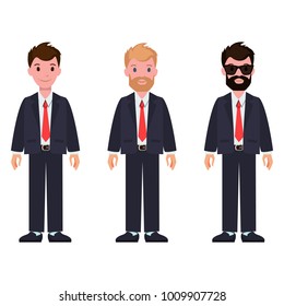 Set of cartoon characters in classic suit and tie, with different hairstyle and color, with beard and glasses vector illustration isolated on white