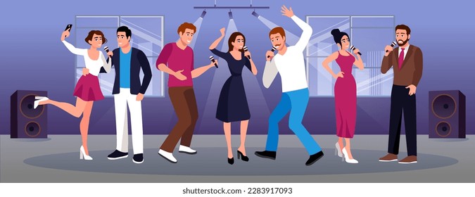 Set of cartoon characters of colleagues celebrating event together. Having fun at office party. Group of coworkers spending time together. Singing and dancing with friends. Vector