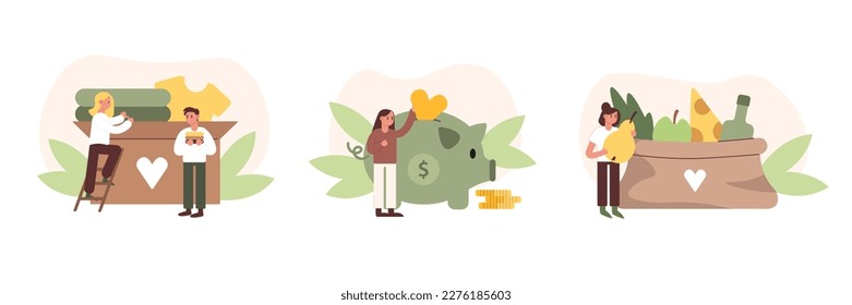 Set of cartoon characters collecting clothes, money and food for donations. Voluntary altruistic activity. Charity and financial support. Humanitarian aid organization. Vector