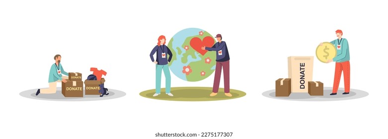 Set of cartoon characters collecting clothing and money for charity. Humanitarian aid organization representatives. Voluntary altruistic activity. Donations and financial support. Vector