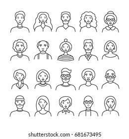 Set of cartoon characters. Cool avatars. Line icons. Flat design. Positive male and female people different ages and nationalities. Funny bright vector illustrations. Isolated on white. Funny emoji 