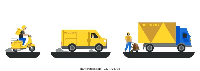 Set of cartoon characters of couriers delivering parcels using different transport. Freight transportation services. Modern postal systems and regional parcel carriers. Vector