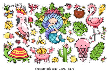 Set of cartoon characters. Creatures. Mermaid, parrot, jellyfish, turtle, crab, fish, flamingo. Stickers, pins, badges, patches. Vector illustration.