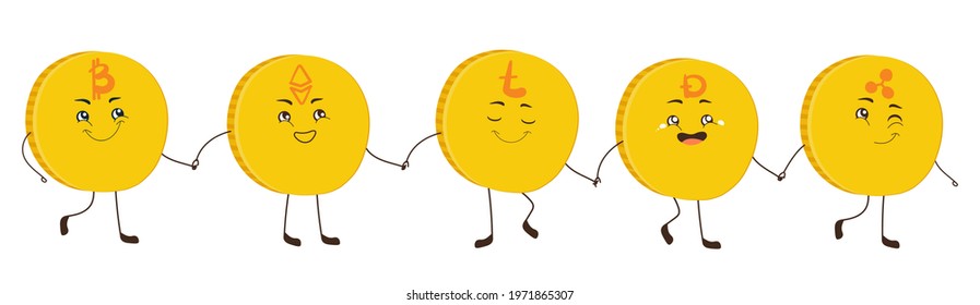 Set of cartoon characters cryptocurrency coins hold hands. Flat isolated vector illustration