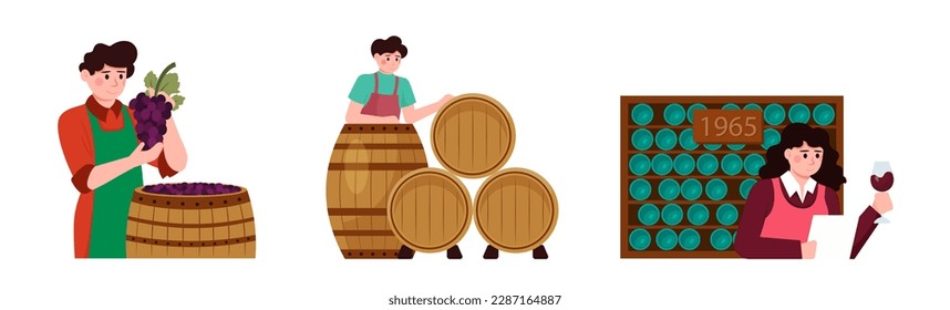 Set of cartoon characters dealing with wine production. Young man and woman growing organic grapes to make alcohol drinks. Time for vinification. Vector