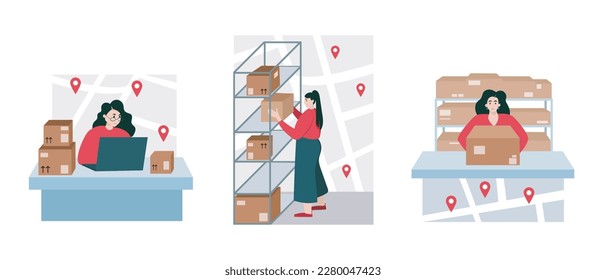 Set of cartoon characters of delivery service workers. Modern postal system. Process of sorting parcels in warehouse. Express and safe delivery. Vector