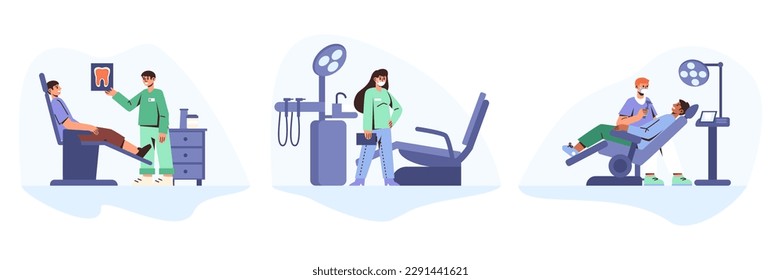 Set von Cartoon-Charaktere von Zahnärzten, die ihre Patienten im Krankenhaus untersuchen. Konzept der Zahnheilkunde und der Mundpflege. Zähne-Behandlung mit medizinischer Ausrüstung. Vektorgrafik