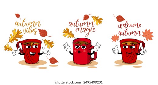  set of cartoon characters of different cups coffee and autumn inscription