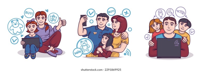 Set of cartoon characters of different families shopping online at big sales. Process of buying goods via Internet. Electronic commerce and digital environment. Vector