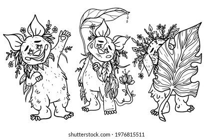 Set of cartoon characters with different muzzle and poses, fairytale funny creatures, forest hares with little eyes, big ears and noses, with plant and flowers on a body, with large leaves in a paws.