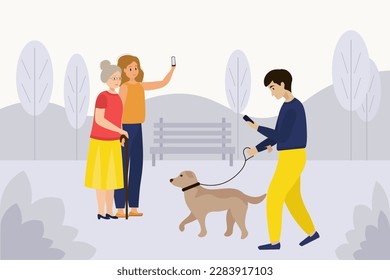 Set of cartoon characters of different people using social media. Sharing content in social networks. Modern urban lifestyle. Young man looking on smartphone when walking with dog. Vector