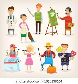 Set of cartoon characters of different professions. Variety of people doing their jobs. Isolated vector illustrations