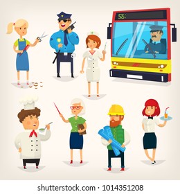 Set of cartoon characters of different professions. Variety of people doing their jobs. Isolated vector illustrations