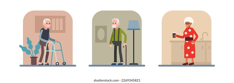 Set of cartoon characters of different senior people. Old people having health problems. Lady on retirement with full of energy. Happy old age. Vector