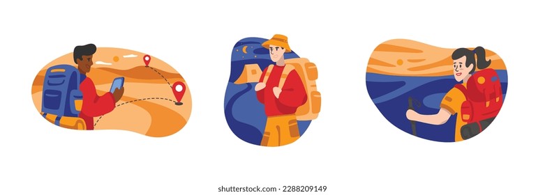 Set of cartoon characters discovering new places during travel. Group of people on summer vacation trip. Travel agency tour. Adventure tourists and travelers. Vector
