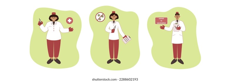 Set of cartoon characters of doctors engaged in vaccination. Time for protection from coronavirus outbreak. Boosting immune system health using vaccines. Vector