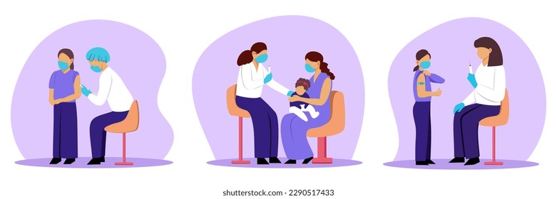 Set of cartoon characters of doctors giving vaccine shots to kids. Getting vaccines against diseases. Boosting immune system health for children. Vector