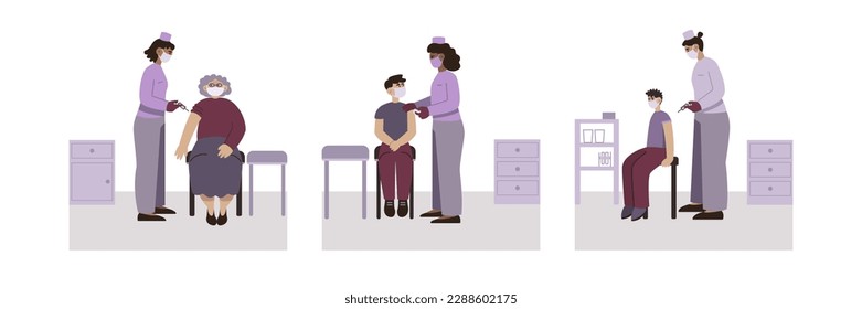 Set of cartoon characters of doctors and patients doing vaccinations. Immune system health. Time to get vaccinated against disease. Protection from pandemic outbreak. Vector