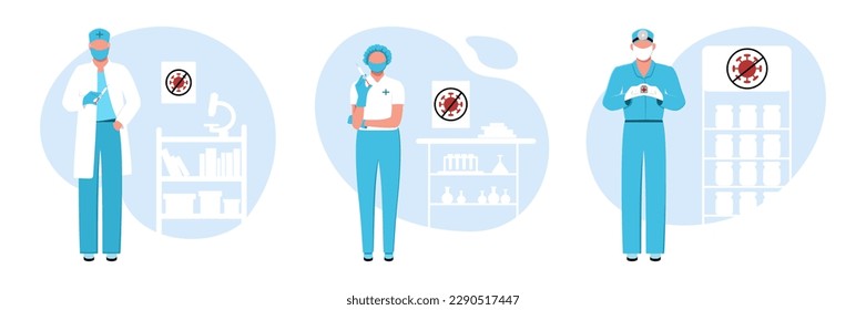 Set of cartoon characters of doctors preparing to make vaccines. Boosting immune system health. Flu, influenza or coronavirus vaccination. Concept of protection from Covid 19 pandemic. Vector