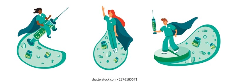 Set of cartoon characters doing clinical trials vaccination shot. Protection from coronavirus outbreak. Process of getting Covid 19 vaccination. Immune system health. Vector