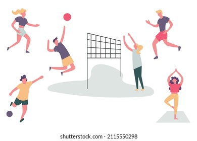 Set of cartoon characters doing different sports, men and women lead an active lifestyle, colorful flat illustration