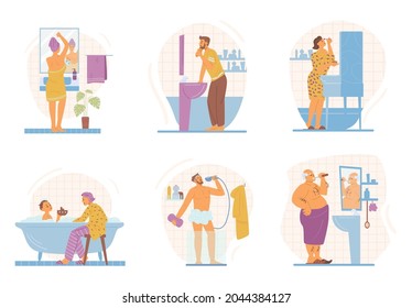 Set of cartoon characters doing hygiene or cosmetic procedures at home bathroom. People brush teeth, shave, sing in shower and take bath. Flat vector illustrations isolated on white