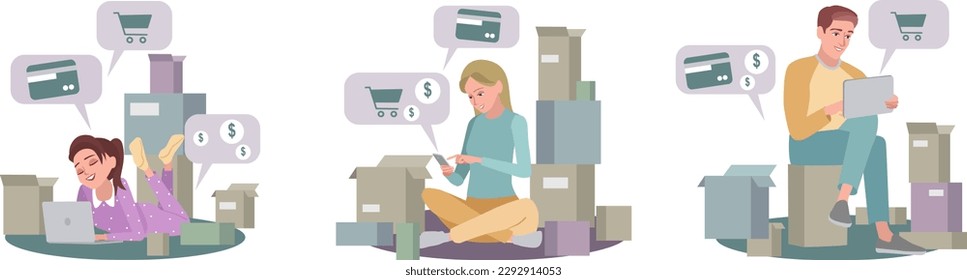 Conjunto de personajes de caricaturas haciendo compras en línea usando diferentes gadgets. Comprar nuevos bienes a través de Internet. El comercio electrónico se beneficia. Era del entorno digital. Vector