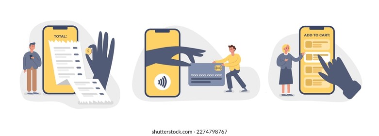 Juego de personajes de caricatura haciendo compras en línea desde casa. Hacer pagos sin efectivo por bienes a través de Internet usando una aplicación móvil. Entorno digital y comercio electrónico. Vector