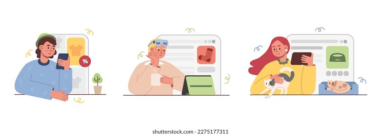 Set of cartoon characters doing shopping online using different gadgets. Young people making purchases over Internet. Digital environment and mobile applications for shopping. Vector