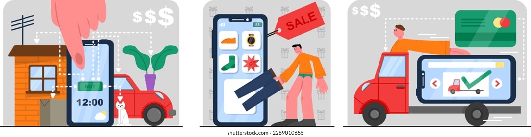 Set of cartoon characters doing shopping online with smartphones. Big sales and discounts during online shopping. Purchase of goods via Internet. Consumer society and commercial business. Vector