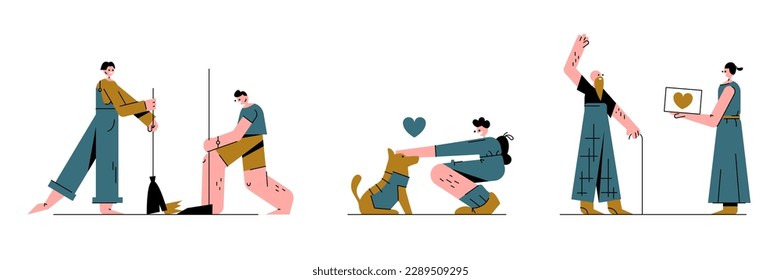 Set of cartoon characters doing their voluntary altruistic activities. Time for environmental protection. Charity and financial support. Helping pets for free. Humanitarian aid organization. Vector