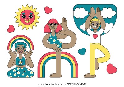 Set of cartoon characters doing yoga, meditating. Cute outline African Americans people perform relaxation exercises. Vector illustration.