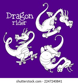 Set of cartoon characters. Dragon rides a skateboard. Humor card, t-shirt composition, hand drawn style print. Vector illustration.